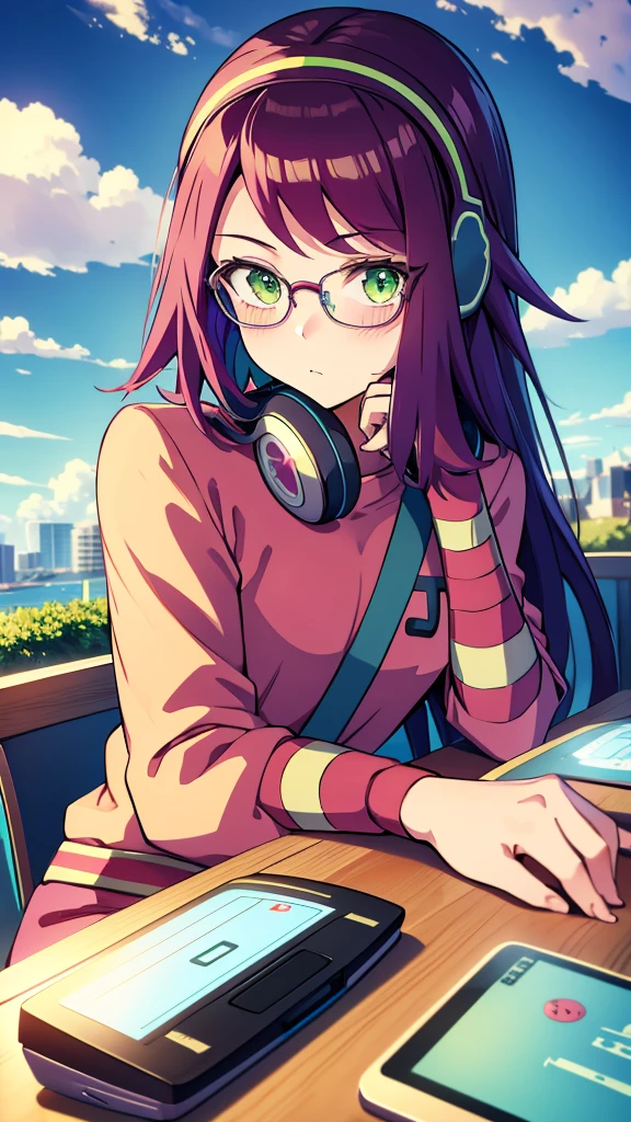 Misora_MegamanSf, 1 Girl, looking at viewer, long hair, Green eyes, Sky background , Blushed , Leaning on a table , Glasses , gaming clothes, gaming headphones