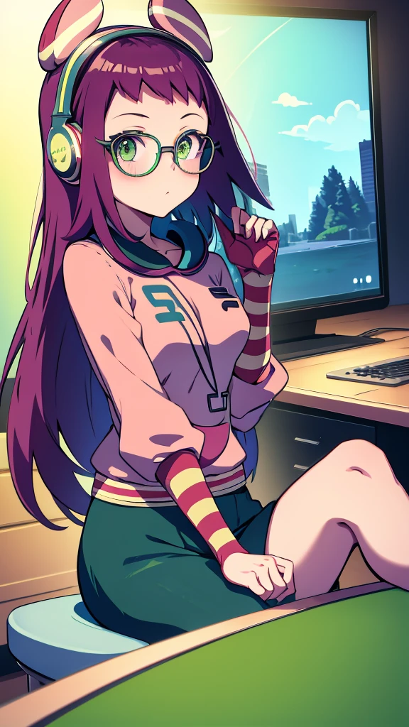 Misora_MegamanSf, 1 Girl, looking at viewer, long hair, Green eyes, Sky background , Blushed , Leaning on a table , Glasses , gaming clothes, gaming headphones