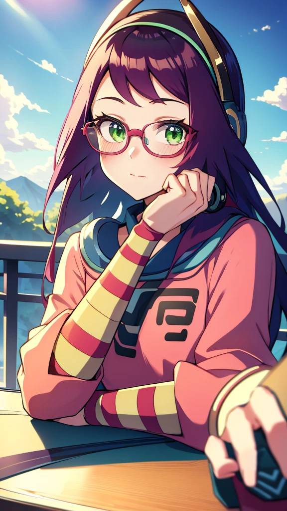 Misora_MegamanSf, 1 Girl, looking at viewer, long hair, Green eyes, Sky background , Blushed , Leaning on a table , Glasses , gaming clothes, gaming headphones