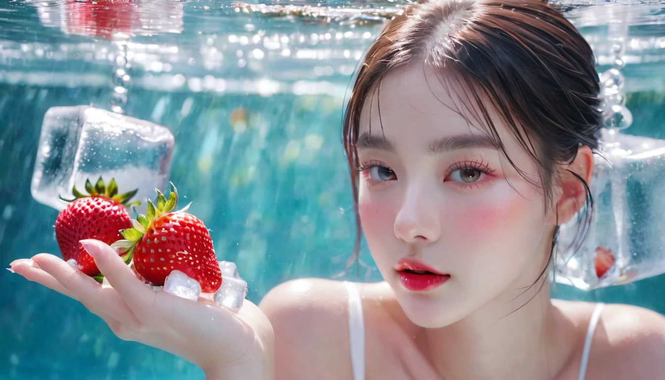 Summer Strawberry Girl,Dopamine teenage, Cool summer days,Ice cubes,The watery girl,Delicate skin,Hydration,Shiny,Shiny,dream,Front view,bust,pearl,Strawberry fruit