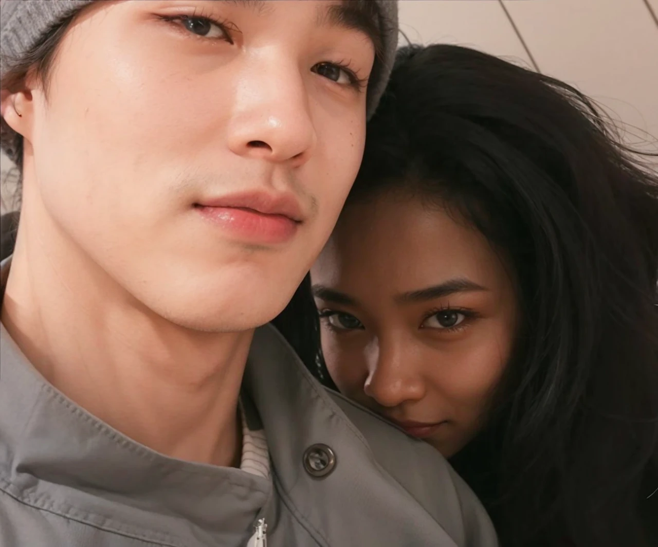 An Asian man with a gray cap and a black woman with her head on his shoulder smiling a little and her black hair