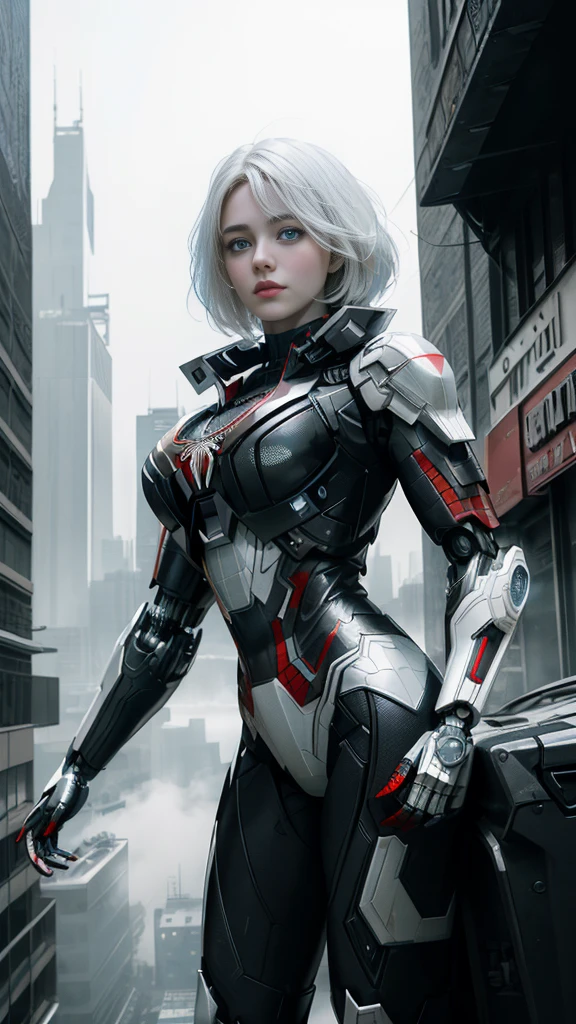 (1 girl:1.3), Alone, (((Very detailed face)))), ((Very detailed eyes and face.)))), beautifuls detalles ojos, body parts__, Official Art, unified 8k wallpaper, super detailed, beautiful and beautiful, beautiful, Masterpiece, Best Quality, Original, Masterpiece, super fine photo, Best Quality, super high resolution, realistic realism, sunlight, Full length portrait, extraordinary beauty, dynamic pose, delicate face, vibrant eyes, (FROM THE FRONT), He wears a Spider-Man suit., red and black color scheme, spider, fondo muy detallado del Ceiling de la ciudad, Ceiling, with city views, detailed face, detailed complex busy background, disordered, gorgeous, milky white, very detailed skin, realistic skin details, visible pores, clear focus, volumetric fog, 8k hd, DSLR, high quality, film grain, White skin, photographic realism, lomography, Futuristic dystopian megalopolis, translucent, eyes looking at the camera, Big , short hair,white hair ,full body,mecha,cyborg,robotic