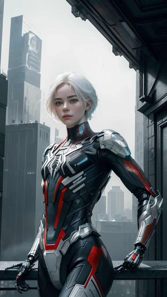 (1 girl:1.3), Alone, (((Very detailed face)))), ((Very detailed eyes and face.)))), beautifuls detalles ojos, body parts__, Official Art, unified 8k wallpaper, super detailed, beautiful and beautiful, beautiful, Masterpiece, Best Quality, Original, Masterpiece, super fine photo, Best Quality, super high resolution, realistic realism, sunlight, Full length portrait, extraordinary beauty, dynamic pose, delicate face, vibrant eyes, (FROM THE FRONT), He wears a Spider-Man suit., red and black color scheme, spider, fondo muy detallado del Ceiling de la ciudad, Ceiling, with city views, detailed face, detailed complex busy background, disordered, gorgeous, milky white, very detailed skin, realistic skin details, visible pores, clear focus, volumetric fog, 8k hd, DSLR, high quality, film grain, White skin, photographic realism, lomography, Futuristic dystopian megalopolis, translucent, eyes looking at the camera, Big , short hair,white hair ,full body,mecha,cyborg,robotic
