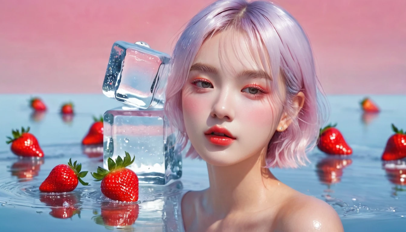 um close de uma pessoa em uma piscina with pink hair, Jimin, park Jimin, Jimin\the full lips, Jimin\the Greek nose, Jimin\the right eyelid is swollen, with pink hair, ✏️🎨, accurate Jimin face, BTS, Retrato de Jossi do Blackpink, Kim Doyoung, inspired by Bian Shoumin