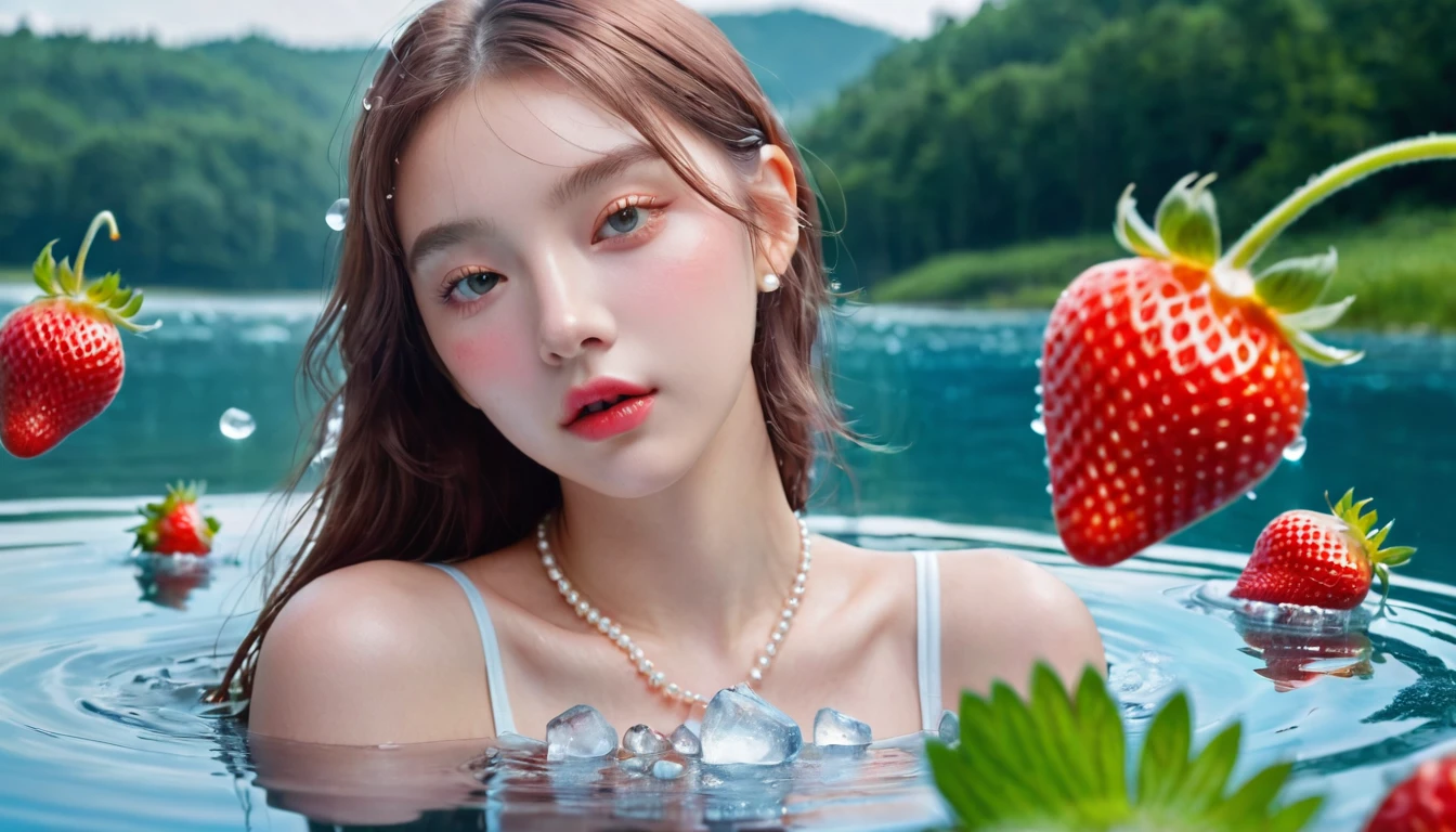 Summer Strawberry Girl,Dopamine teenage, Cool summer days,Ice cubes,The watery girl,Delicate skin,Hydration,Shiny,Shiny,dream,Front view,bust,pearl,Strawberry fruit