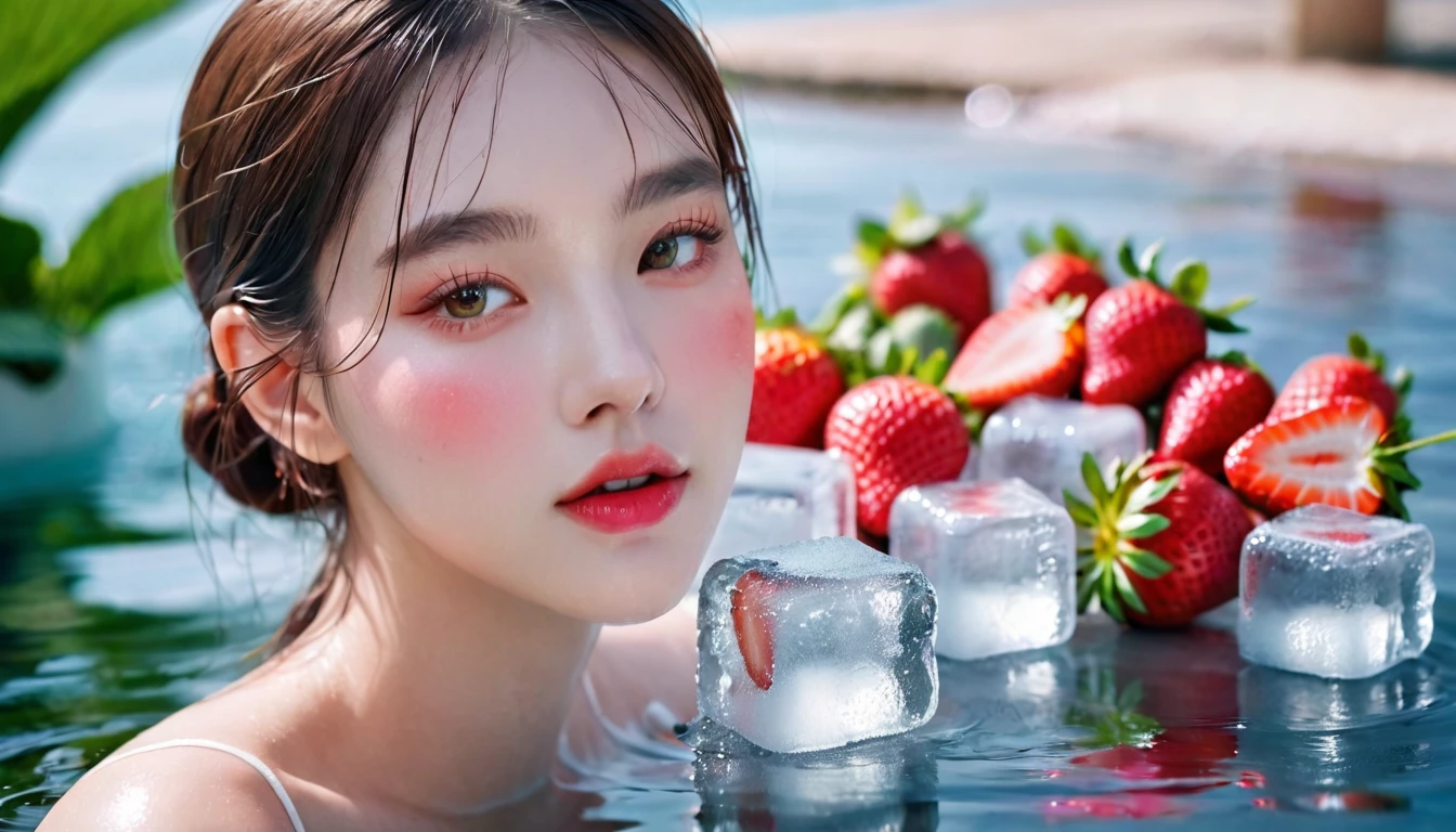 Summer Strawberry Girl，Dopamine teenage， Cool summer days，Ice cubes，The watery girl，Delicate skin，Hydration，Shiny，Shiny，dream，Front view，bust，pearl，Strawberry fruit