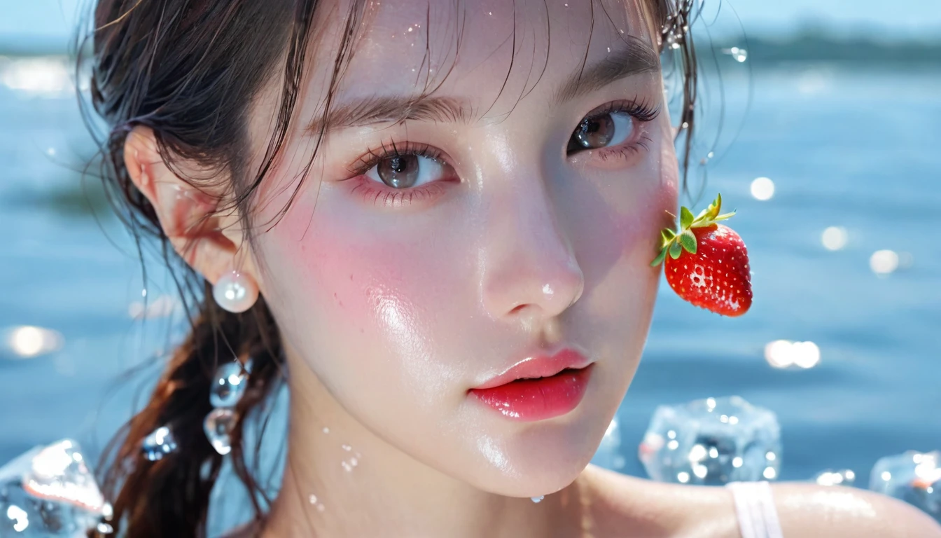 Summer Strawberry Girl,Dopamine age, Cool summer days,Ice cubes,The watery girl,Delicate skin,Hydration,Shiny,Shiny,dream,Front view,bust,pearl,Strawberry fruit