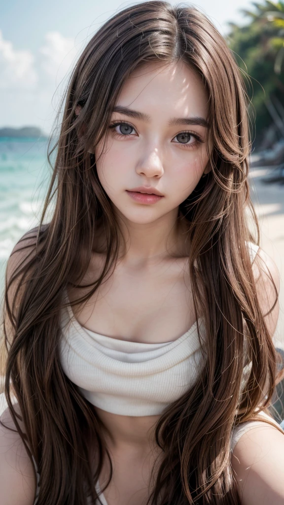 Photography, attractive pose, soft and wavy hair, ocher hair, clear brown eyes, perfect face, detailed face, small nose, White skin, hyperrealism, high quality, Twenty year old woman, soft lighting, sharp image, sexy look, loose hair, full lips, sharp face, background beach.