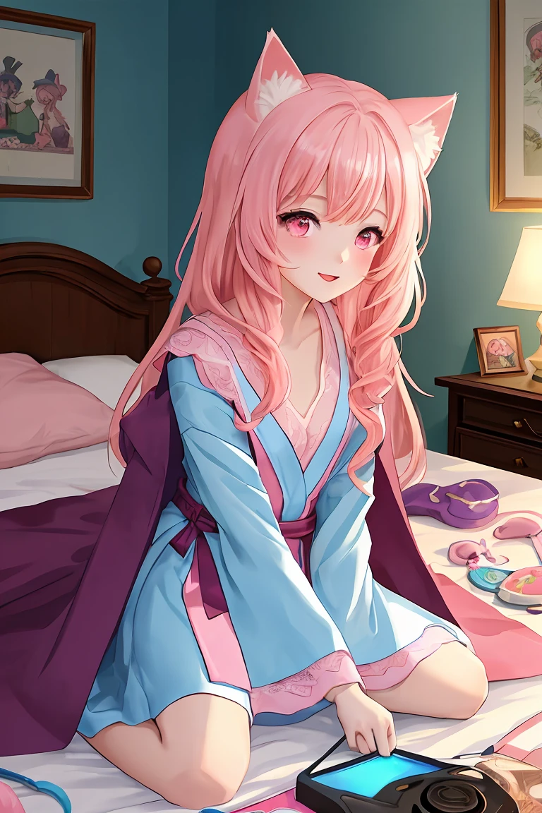 score_9,score_8_up,score_7_up,masterpiece, top quality, best quality, official art, beautiful and aesthetic, animation, , 1girl with cat ear, perfect figure, pink hair, complicated details, bedroom, happy, playing games, magician robe, magic hat, small wand, long pink hair ,