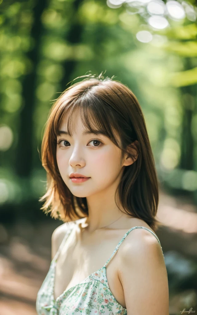 masterpiece, Best Quality, 8K, 1 girl, Japanese cute girl, in summer, forest, stream, out of focus, 18 yo, large , Mouth slightly open, cute little, Solo, sad, summer dress, Girly, Delicate girl, Neat and clean beauty, Raw photo, Professional Photography, Portrait, Soft light, Professional Lighting, Back lighting, Upper body, see the beholder, Sophisticated, Film grain, (Eyes and faces with detailed:1.0), medium hair swaying in the wind, beautiful flowing brown hair,