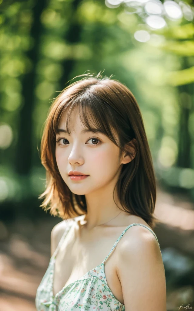 masterpiece, Best Quality, 8K, 1 girl, Japanese cute  girl, in summer, forest, stream, out of focus, 18 yo, large breasts, Mouth slightly open, cute little, Solo, sad, summer dress, Girly, Delicate girl, Neat and clean beauty, Raw photo, Professional Photography, Portrait, Soft light, Professional Lighting, Back lighting, Upper body, see the beholder, Sophisticated, Film grain, (Eyes and faces with detailed:1.0), medium hair swaying in the wind, beautiful flowing brown hair,