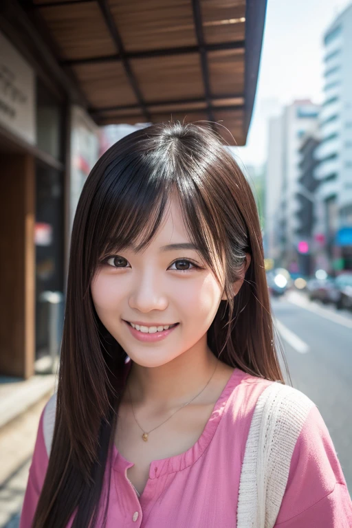 beautiful young asian girl on the street, smiling, in the style of tokina at-x 11-16mm f/2.8 pro dx ii, uhd image, salon kei, aurorapunk, shiny eyes, matte photo, zeiss batis 18mm f/2.8