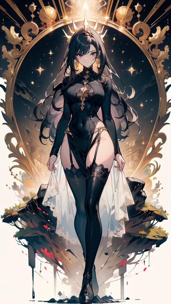 ((masterpiece, best quality)), Delicate face,Dragon Girl,Kaneko,Gold Mine,Gold jewelry,dark Knight,Dark Gem,whole body,Standing picture,Long legs,Large Breasts,Gradient long wavy hair,Perfect body proportions,Beautiful black eyes,Extremely beautiful,transparent, Pure white background,Big Dark Day,cloud,Sexy Lingerie,Lace