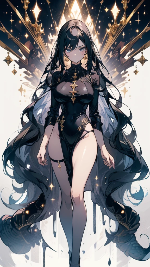 ((best quality)), ((masterpiece)), (detailed), perfect face, Body composed of galactic dark nebulae, natural, fluid dynamics, big bust, pink nipples, black and gold dress, upper body nude, naked breasts, Exposed breasts, Long black hair with thick waves, Milky Way Galaxy background, middle of space, orgasm, arrogant expression, golden iris, brilliant golden halo, full body image, elegant, romanticism, The most beautiful form of chaos, dreamwave, delicate face