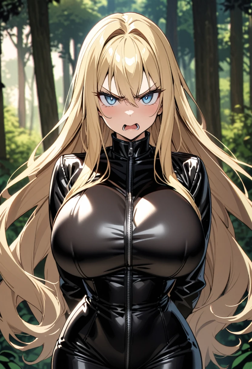 a busty long hair blonde woman blue eyes with a serious haughty face expression, open mouth, black leather jumpsuit, forest background, facing the camera, Big breast++, face camera, serious haughty face