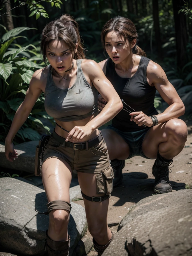 Lara Croft, protagonist of the "Tomb Raider" series, is an iconic figure in video games. She is an archaeologist and adventurer known for her athletic appearance and practical clothing. Traditionally, she wears a sleeveless top, shorts, combat boots, and carries twin pistols. In the most recent games, Lara wears a tank top, cargo pants, sturdy boots, and carries a bow and arrows, as well as other survival equipment. Her brown hair is usually tied in a ponytail. Lara is recognized by her striking features, determined expressions and often dirty and bruised appearance, reflecting the hardships of her adventures.