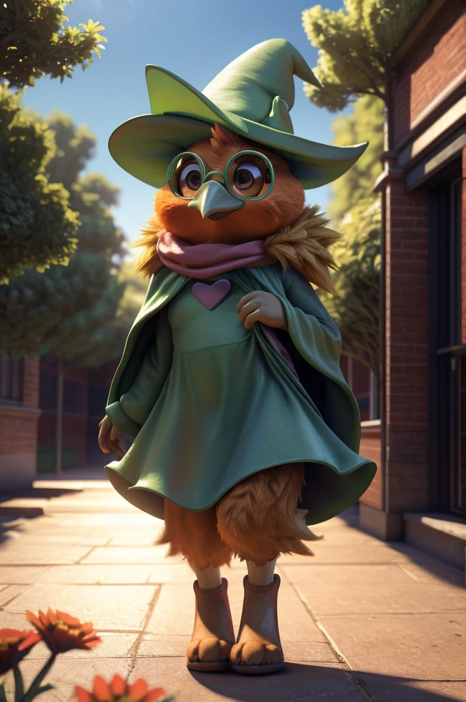 male , bird, torchic, background, (cinematic lighting:1.1), (perfect focus:1.1), 8k hd, (detailed eyes:1.2),depth of field, bokeh, subsurface scattering, perfect breasts, wide ,((Ralsei Deltarune clothing )),bright colors, (furry detail:1.3),detailed background, realistic, photorealistic, ultra realistic,at a school , natural landscape, trees, flowers, sky, clouds,realistic, photorealistic ,smile,(fluffy:1.3), furry, buff, (realistic fur:1.1), (extreme fur detail:1.2),((light orange fur)),(Black pupil, brown eyes,pixar style eyes),torchic tail,3d pixar legs, with pectorals,anthropomorphic body almost of a human. 