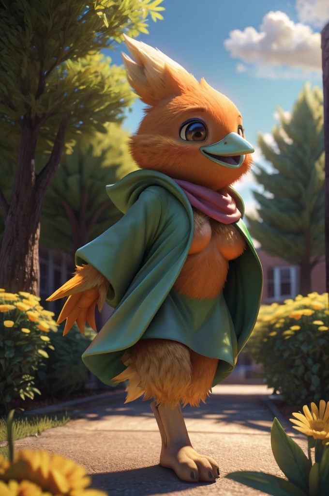 male , bird, torchic, background, (cinematic lighting:1.1), (perfect focus:1.1), 8k hd, (detailed eyes:1.2),depth of field, bokeh, subsurface scattering, perfect breasts, wide ,((Ralsei Deltarune clothing )),bright colors, (furry detail:1.3),detailed background, realistic, photorealistic, ultra realistic,at a school , natural landscape, trees, flowers, sky, clouds,realistic, photorealistic ,smile,(fluffy:1.3), furry, buff, (realistic fur:1.1), (extreme fur detail:1.2),((light orange fur)),(Black pupil, brown eyes,pixar style eyes),torchic tail,3d pixar legs, with pectorals,anthropomorphic body almost of a human. 