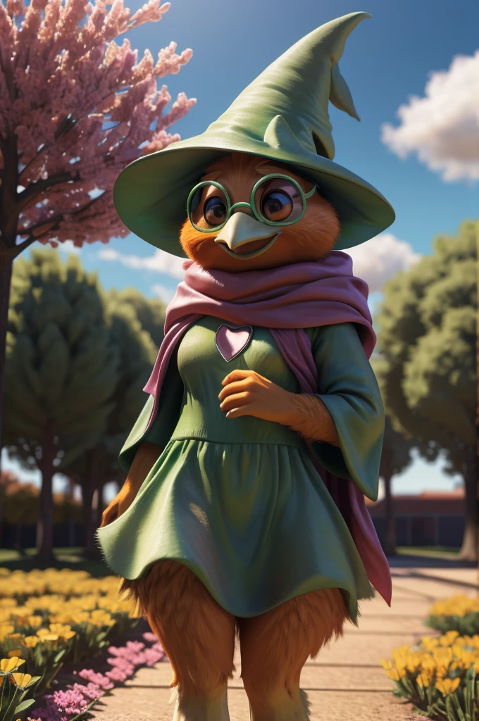 male , bird, torchic, background, (cinematic lighting:1.1), (perfect focus:1.1), 8k hd, (detailed eyes:1.2),depth of field, bokeh, subsurface scattering, perfect breasts, wide ,((Ralsei Deltarune clothing )),bright colors, (furry detail:1.3),detailed background, realistic, photorealistic, ultra realistic,at a school , natural landscape, trees, flowers, sky, clouds,realistic, photorealistic ,smile,(fluffy:1.3), furry, buff, (realistic fur:1.1), (extreme fur detail:1.2),((light orange fur)),(Black pupil, brown eyes,pixar style eyes),torchic tail,3d pixar legs, with pectorals,anthropomorphic body almost of a human. 