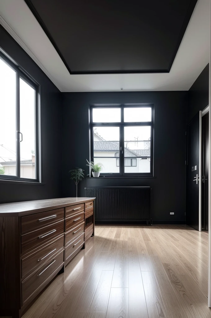 simple house with black and white brown furniture 