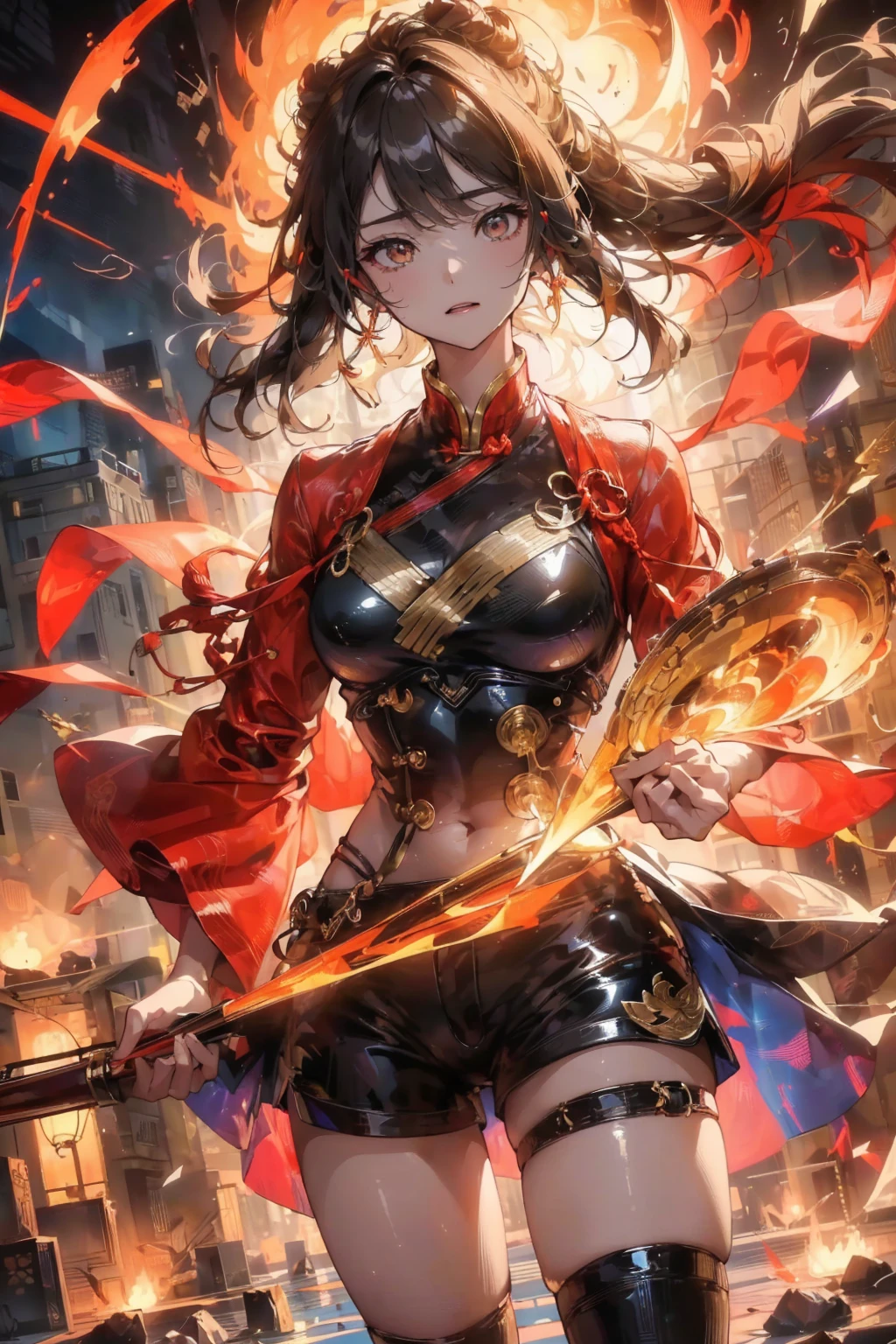 (masterpiece, high quality, best quality, Official Art, Beauty and aesthetics: 1.2) 
This question emphasizes the need for visually stunning、Aesthetically pleasing、The desire for the highest quality artwork. It suggests that the image should be considered a masterpiece and possess Official Art-like qualities.
(fire element: 1.1) 
此参数指定图像中是否包含fire元素, 表明重点关注fire的主题.
(由fire元素组成) 
图像应主要由各种fire元素组成, 展现主题的fire热本质.
(1 girl: 1.2) 
The image should feature a single female character as the primary subject, Emphasize her presence.
(combustion: 1.2) 
女孩应被描绘成处于combustion状态或被fire焰包围, Add intensity and drama to images.
(一个女孩被一圈fire包围着，一半是fire焰，Half Lightning) 
描述的具体场景是一个女孩被一圈fire包围, 其中一半的fire焰会变成闪电, Create visual contrast.
(transparency: 1.2) 
The image should contain transparent elements, 可能让fire光和闪电部分显露出背景或其他物体.
(fire, Molten Rock) 
The image should include depictions of fire and Molten Rock, Further emphasis on themes of heat and intensity.
(Composed of the element of thunder) 
除了fire灾, The image should also include lightning-related elements, Add extra strength and energy.
(fire焰皮肤, fire焰印花, fire红的头发) 
女孩的外表应该体现fire的主题, 皮肤或衣服上有fire焰状的图案等特征, and fire红的头发.
(smokes, cloud) 
The image can include elements of smoke and clouds, Add to the atmosphere，Enhance the overall composition.
(University of London, cleveage) 
These terms refer to specific character design details., Express your wishes