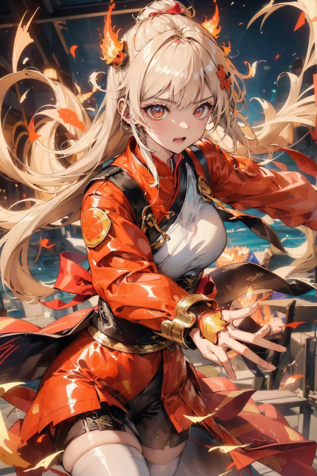 (masterpiece, high quality, best quality, Official Art, Beauty and aesthetics: 1.2)
This question emphasizes the need for visually stunning、Aesthetically pleasing、The desire for the highest quality artwork. It suggests that the image should be considered a masterpiece and possess Official Art-like qualities.
(fire element: 1.1)
此参数指定图像中是否包含fire元素, 表明重点关注fire的主题.
(由fire元素组成)
图像应主要由各种fire元素组成, 展现主题的fire热本质.
(1 girl: 1.2)
The image should feature a single female character as the primary subject, Emphasize her presence.
(combustion: 1.2)
女孩应被描绘成处于combustion状态或被fire焰包围, Add intensity and drama to images.
(一个女孩被一圈fire包围着,一半是fire焰,Half Lightning)
描述的具体场景是一个女孩被一圈fire包围, 其中一半的fire焰会变成闪电, Create visual contrast.
(transparency: 1.2)
The image should contain transparent elements, 可能让fire光和闪电部分显露出背景或其他物体.
(fire, Molten Rock)
The image should include depictions of fire and Molten Rock, Further emphasis on themes of heat and intensity.
(Composed of the element of thunder)
除了fire灾, The image should also include lightning-related elements, Add extra strength and energy.
(fire焰皮肤, fire焰印花, fire红的头发)
女孩的外表应该体现fire的主题, 皮肤或衣服上有fire焰状的图案等特征, and fire红的头发.
(smokes, cloud)
The image can include elements of smoke and clouds, Add to the atmosphere,Enhance the overall composition.
(University of London, cleveage)
These terms refer to specific character design details., Express your wishes