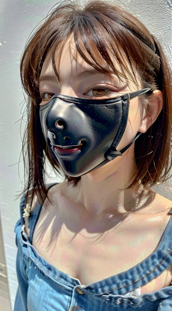 A realistic, detailed leather mask inspired by Leatherface from The Texas Chainsaw Massacre, isolated on a plain background, showing only the mask with no character or face,A mask made of human facial leather,Aged mask,showcase