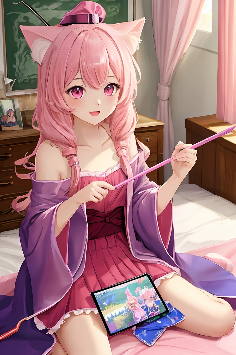 score_9,score_8_up,score_7_up,masterpiece, top quality, best quality, official art, beautiful and aesthetic, animation, , 1girl with cat ear, perfect figure, pink hair, complicated details, bedroom, happy, playing games, magician robe, magic hat, small wand, long pink hair ,