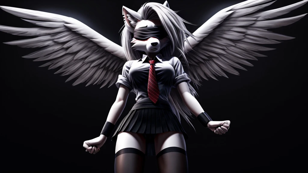 Loona from Helluva Boss, female white wolf, anthro, short white hair, blindfold, grey large angel wings, white shirt with tie, black skirt with black pantyhose, torturer and violence angel, standing, serious, clear background, dark lighting, detailed, solo, beautiful, high quality, 4K