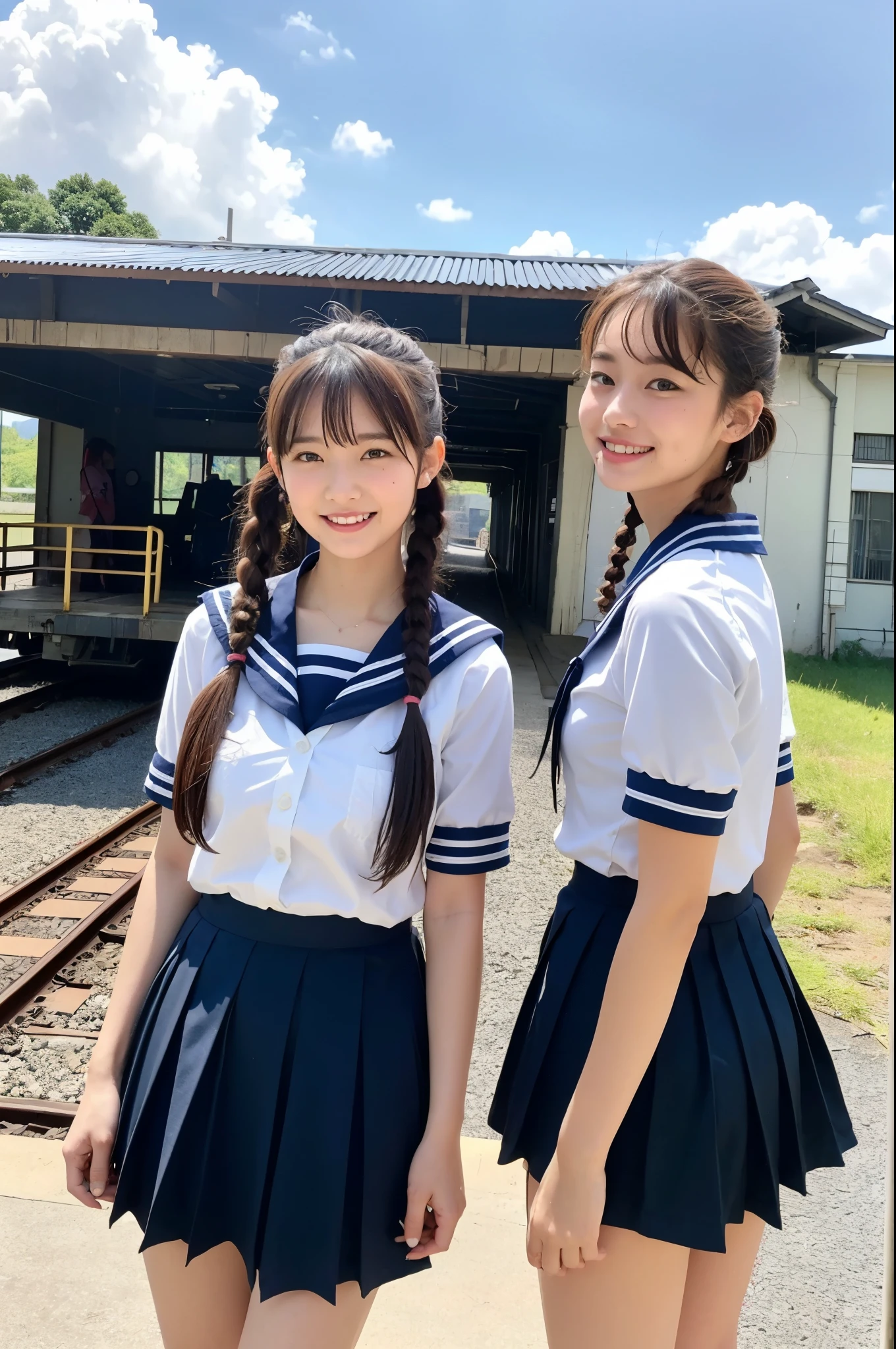 2 girls in rural seaside bus stop,cumulonimbus cloud in summer sky,sailor shirt,navy blue pleated micro mini skirt,white panties,18-year-old,bangs,a little smile,thighs,knees,short hair with low pigtails bunches,from below,front light