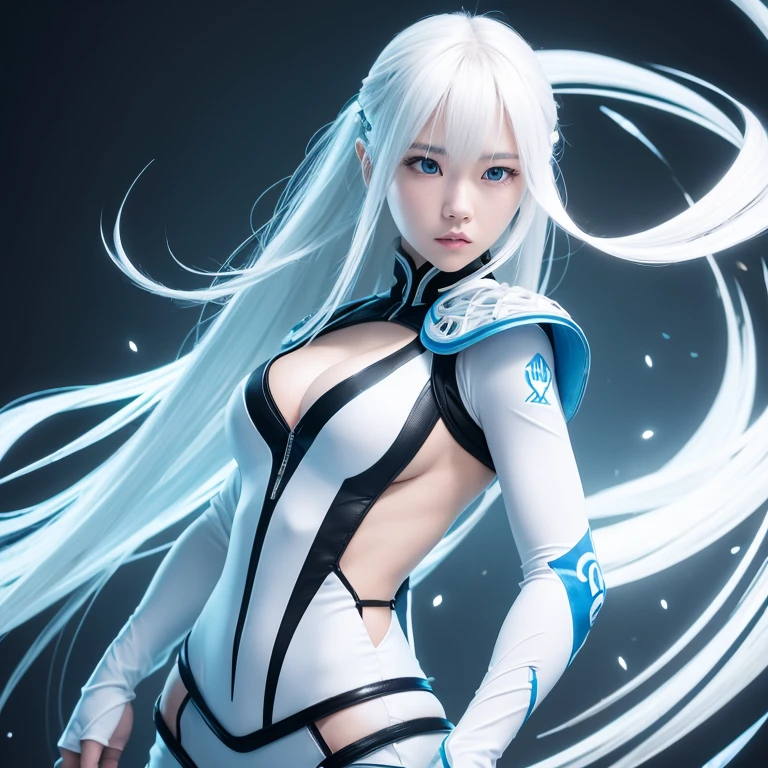 Korean girl, white long hair with bangs, icy blue eyes, white skin, white skimpy ninja suit, video game style, mortal kombat style