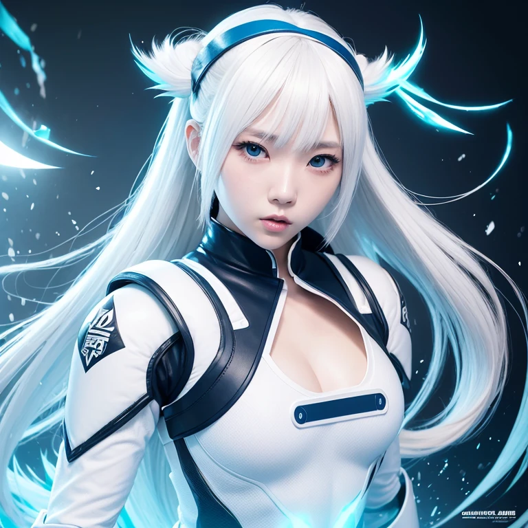 Korean girl, white long hair with bangs, icy blue eyes, white skin, white skimpy ninja suit, video game style, mortal kombat style