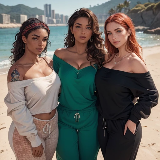 Three women with different colored natural hair next to each other, Athletic fit muscular 30 year old fitness athlete woman, amazingly long wavy voluminous flowing hair down her back to her thighs, big beautiful green eyes, MANY freckles, muscle tone, wet and glistening from sweat, wearing low-rise oversized sweatpants-shorts, ((( IMPORTANT: and a huge loose baggy oversized low-cut comfy big sweatshirt with ONE wide-neck-hole that goes all around off-shoulder and cleavage in one big swoop 1.3))), very tall socks and cute sneakers, flowers in hair, muscle definition in shoulders and belly, curvy, juicy wide hips, thick thighs, nice big muscular ass, mature gorgeous incredible pretty face, grinning, many tattoos on her body, jogging on the beach in the mornings, Instagram model, (((small breasts 1.3))), (((birdseye-overhead-camera-angled-looking-down and wide-angle-lens and bokeh and incredible colors and professional photographer 1.3))) k, SFW, abs,photorealistic,super long hair, incredible outfit that makes sense practically and beautifully for an autumn morning when it's sunny but a little windy, , headband, all clothes are one color
