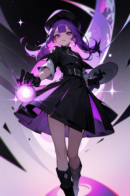 White girl,in black cap,with purple eyes, with a little purple hair,with a black dress,with black gloves,with black boots and a black hole in his hand