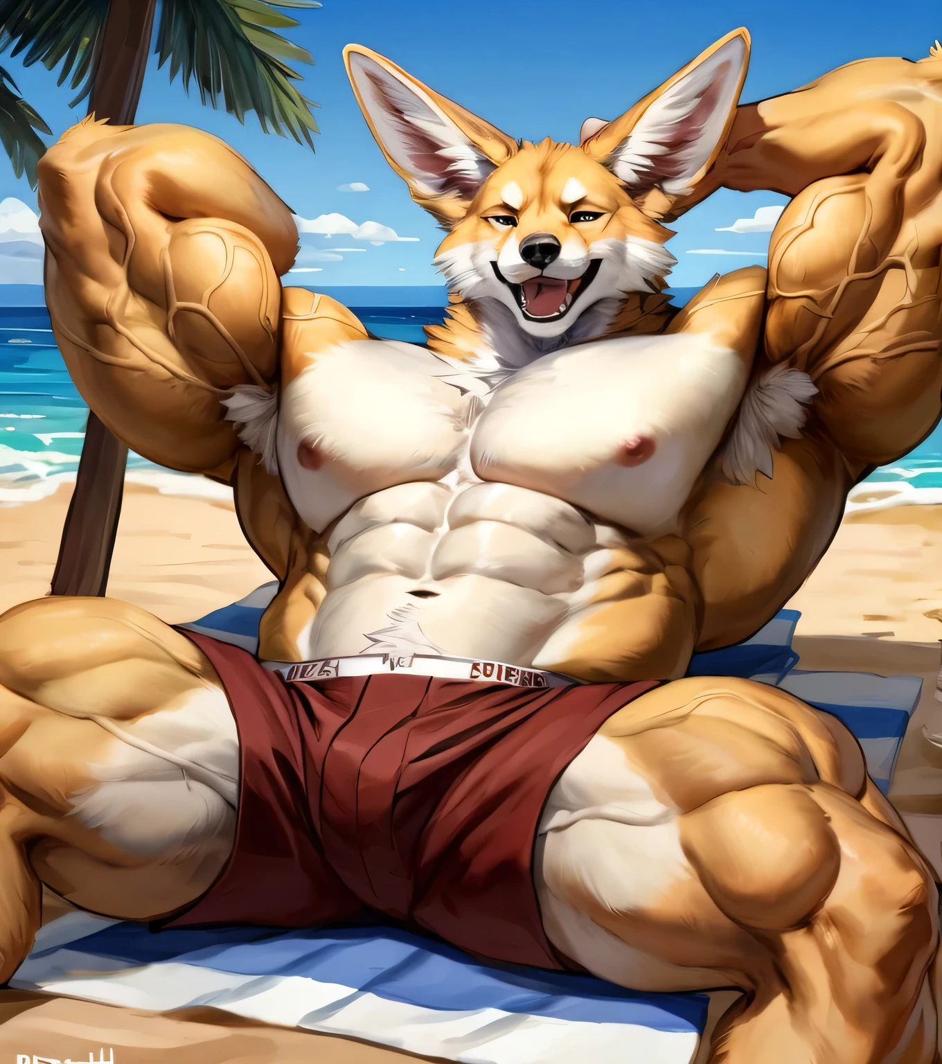 (solo,furry,anthro,hyper realistic), male, laying on back on towel, smirk, smug, wide open mouth, laughing, head up, hands behind head, wearing ((dark red)) boxer shorts, front view, ((((hyper muscular, veiny muscles)))), realistic fur, full body shot, Fennec, beach, blurred background, by bebebebebe:1.2, by buta99, by foxovh, by ruan jia