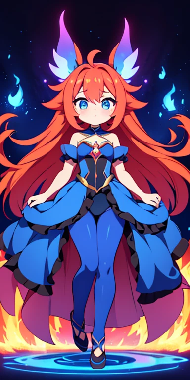 Pyroblush, the Shy Ember Pokémon, is a humanoid Pokémon that embodies the delicate balance of intense fire and gentle fairy magic. Despite its fiery nature, Pyroblush is known for its shy and reserved demeanor. It has a striking blue color scheme, with its body primarily covered in soft, blue-hued flames that flicker gently rather than blaze wildly. Pyroblush's eyes are a deep sapphire blue, and it has long, flowing hair that shimmers like blue fire.
Appearance:
Body: Pyroblush has a slender and graceful humanoid form, adorned in a outfit made of ethereal, flame-like material that glows softly. Its skin has a faint, luminescent quality, giving it an almost otherworldly appearance.
Hair: Its hair is long, flowing, and made of a blue flame that seems to defy gravity, gently flickering upwards.
Eyes: Pyroblush's eyes are large and expressive, with a deep sapphire hue that reflects its timid nature. . Full body, beautiful eyes , 1 girl , full body , cute girl , anime style , (Blue outfit) , cute eyes ,princess , (ball gown)