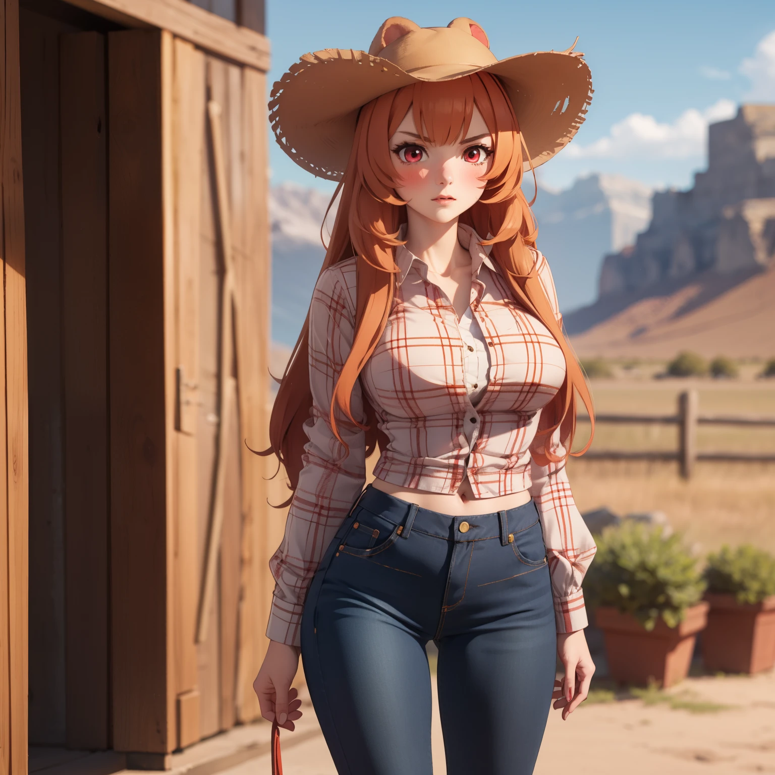 Raphtalia woman 20 years old straight orange hair , rounded bear ears, red eyes like ruby., serious expression, blush,  pale skin, big breasts, cowgirl clothes, low-cut plaid shirt, cowboy hat, short denim jeans, brown cowboy boots, background a ranch.