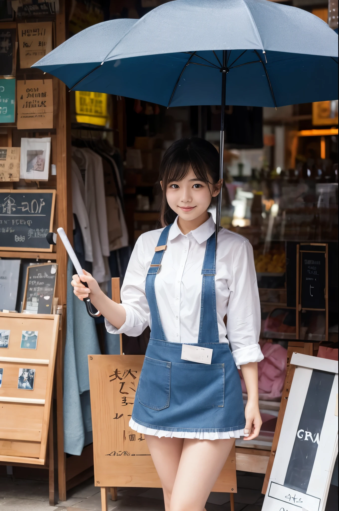 A 20-year-old girl selling umbrellas with umbrellas lined up(Wearing a miniskirt and apron)