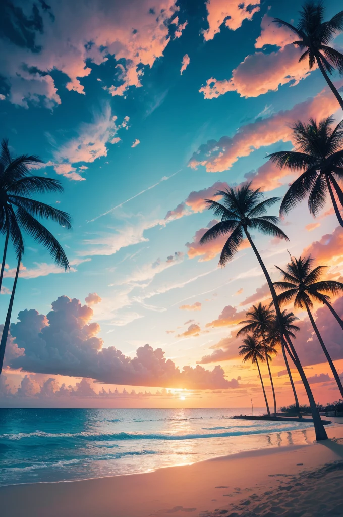 arafed view of a beach with palm trees and a sunset, a digital rendering by Lubin Baugin, unsplash, conceptual art, palm trees, with palm trees in the back, palm trees in the background, palmtrees, palm trees james gurney, palms, tropical palms, tropical trees, beautiful magical palm beach, tropical atmosphere, tropical vibe, coconut trees