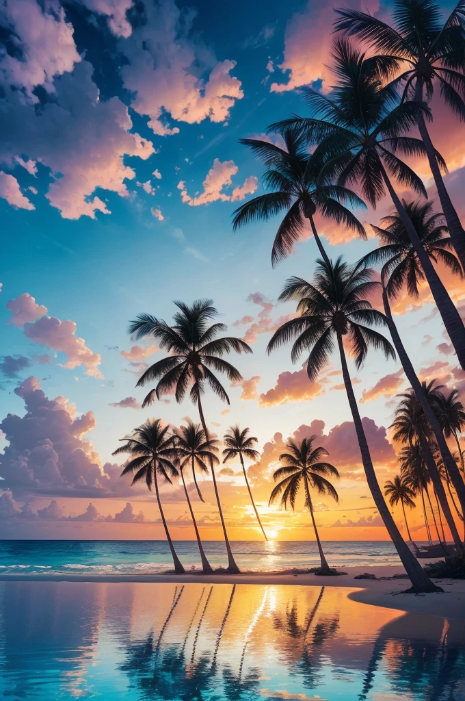 arafed view of a beach with palm trees and a sunset, a digital rendering by Lubin Baugin, unsplash, conceptual art, palm trees, with palm trees in the back, palm trees in the background, palmtrees, palm trees james gurney, palms, tropical palms, tropical trees, beautiful magical palm beach, tropical atmosphere, tropical vibe, coconut trees