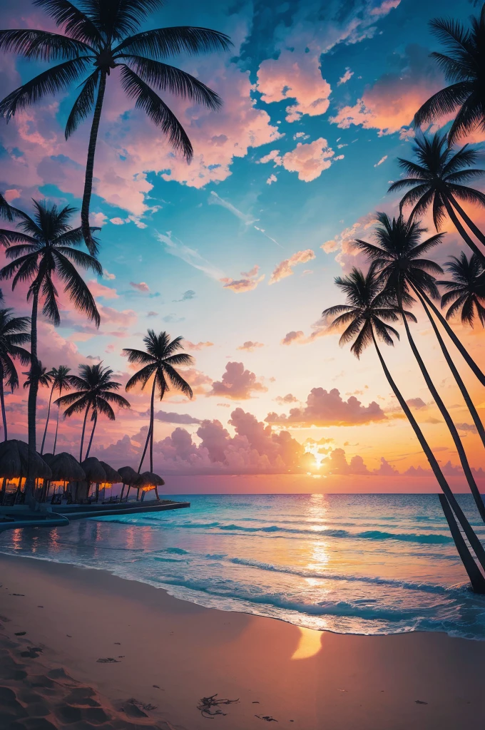 arafed view of a beach with palm trees and a sunset, a digital rendering by Lubin Baugin, unsplash, conceptual art, palm trees, with palm trees in the back, palm trees in the background, palmtrees, palm trees james gurney, palms, tropical palms, tropical trees, beautiful magical palm beach, tropical atmosphere, tropical vibe, coconut trees