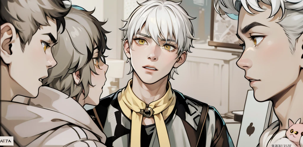 cute 17 year old boy, yellow eyes, white hair, speaking calmly