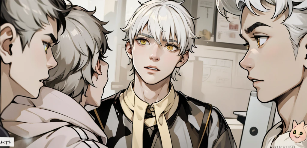 cute boy, yellow eyes, white hair, speaking calmly
