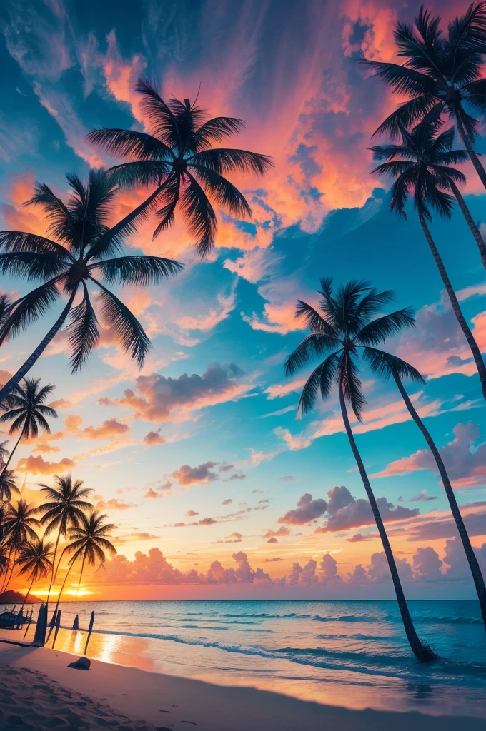 arafed view of a beach with palm trees and a sunset, palm trees, with palm trees in the back, palm trees in the background, palmtrees, palm trees james gurney, palms, tropical palms, tropical trees, beautiful magical palm beach, tropical atmosphere, tropical vibe, coconut trees, tropics, tropical paradise, palm trees on the beach