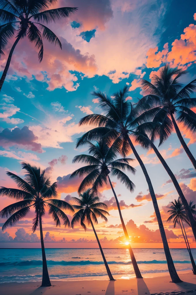 arafed view of a beach with palm trees and a sunset, palm trees, with palm trees in the back, palm trees in the background, palmtrees, palm trees james gurney, palms, tropical palms, tropical trees, beautiful magical palm beach, tropical atmosphere, tropical vibe, coconut trees, tropics, tropical paradise, palm trees on the beach