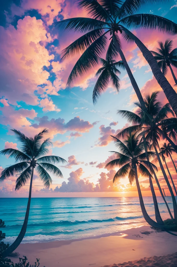 arafed view of a beach with palm trees and a sunset, palm trees, with palm trees in the back, palm trees in the background, palmtrees, palm trees james gurney, palms, tropical palms, tropical trees, beautiful magical palm beach, tropical atmosphere, tropical vibe, coconut trees, tropics, tropical paradise, palm trees on the beach