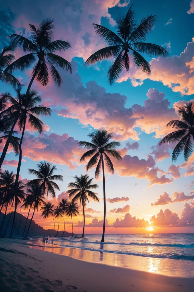 arafed view of a beach with palm trees and a sunset, palm trees, with palm trees in the back, palm trees in the background, palmtrees, palm trees james gurney, palms, tropical palms, tropical trees, beautiful magical palm beach, tropical atmosphere, tropical vibe, coconut trees, tropics, tropical paradise, palm trees on the beach