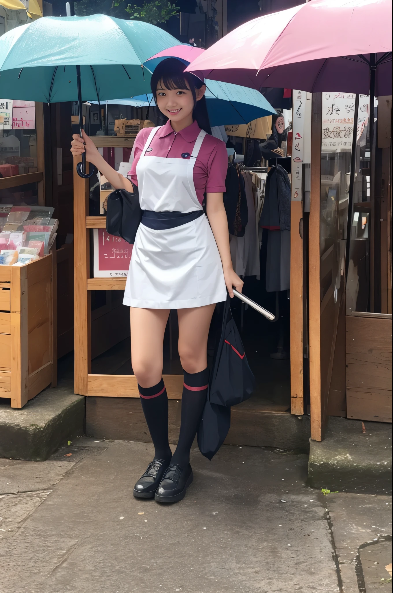 A 20-year-old girl selling umbrellas with umbrellas lined up(Wearing a miniskirt and apron)