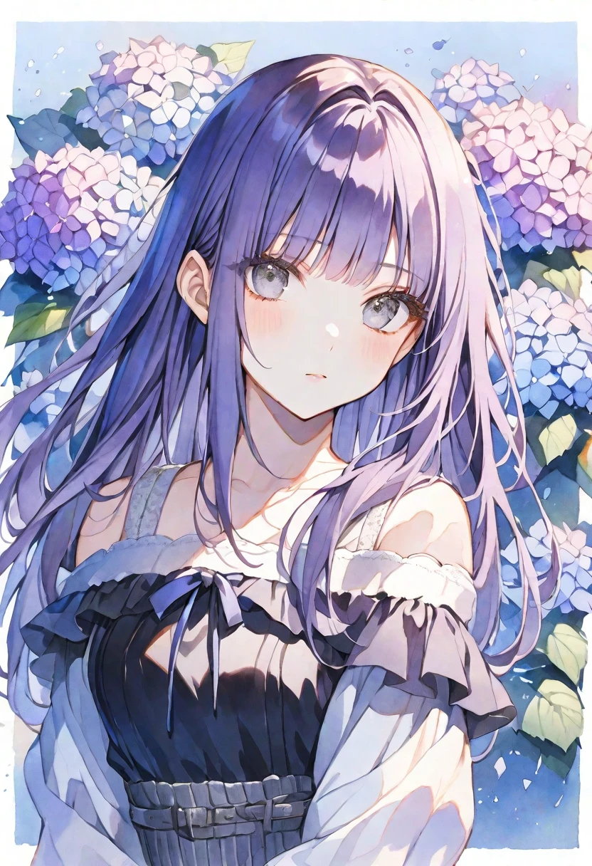 solo, Watercolor,
1. Female,
hime cut,Straight Hair,long Hair, black purple hair, 
gray Eyes,Soft look,Lolita,18 years old,
Off the shoulder,Thin knit,stylish,tits,
skin,hydrangea,
blue background,