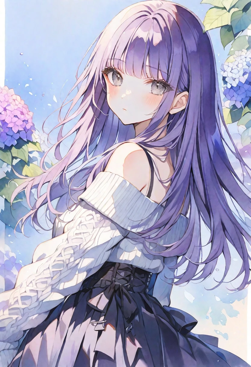 solo, Watercolor,
1. Female,
hime cut,Straight Hair,long Hair, black purple hair,
gray Eyes,Soft look,Lolita,18 years old,
Off the shoulder,Thin knit,stylish,tits,
skin,hydrangea,
blue background,